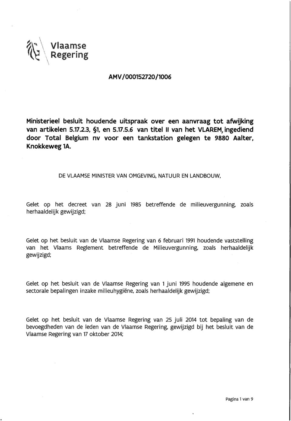 NATUUR EN LANDBOUW, Gelet op het decreet van 28 juni 1985 betreffende de milieuvergunning, zoals herhaaldelijk gewijzigd; Gelet op het besluit van de Vlaamse Regering van 6 februari 1991 houdende