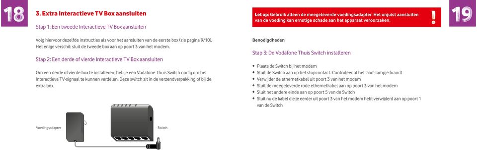 Stap 2: Een derde of vierde Interactieve TV Box aansluiten Om een derde of vierde box te installeren, heb je een Vodafone Thuis Switch nodig om het Interactieve TV-signaal te kunnen verdelen.