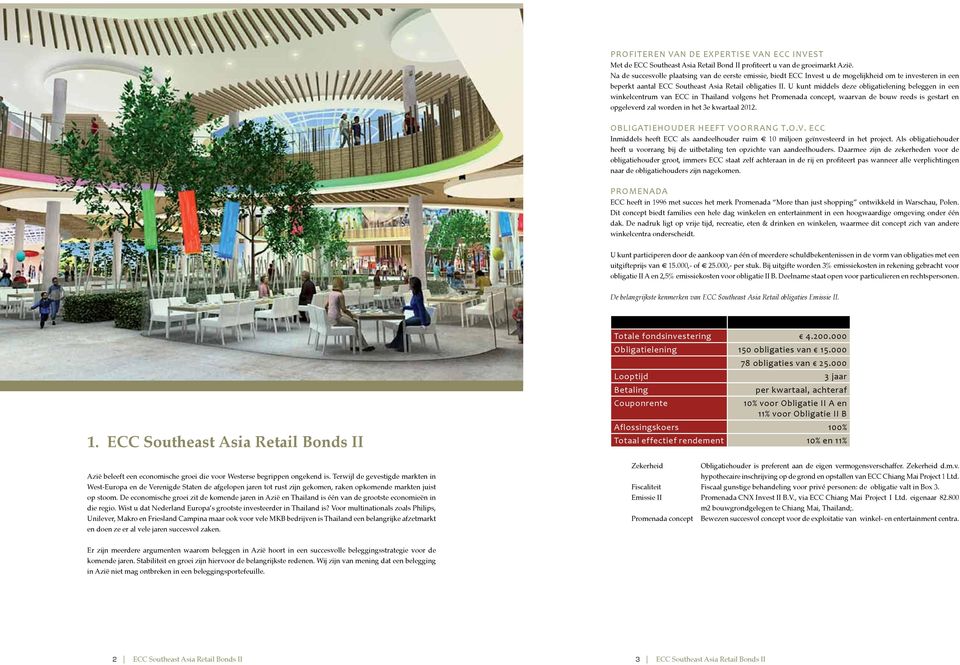 U kunt middels deze obligatielening beleggen in een winkelcentrum van ECC in Thailand volgens het Promenada concept, waarvan de bouw reeds is gestart en opgeleverd zal worden in het 3e kwartaal 2012.