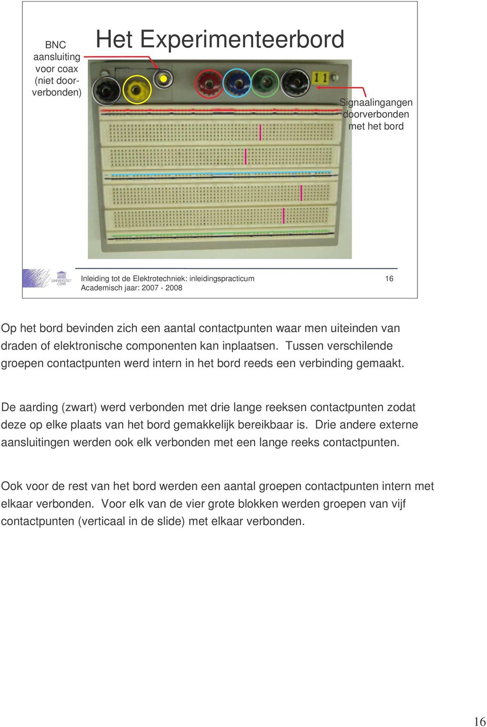 De aarding (zwart) werd verbonden met drie lange reeksen contactpunten zodat deze op elke plaats van het bord gemakkelijk bereikbaar is.