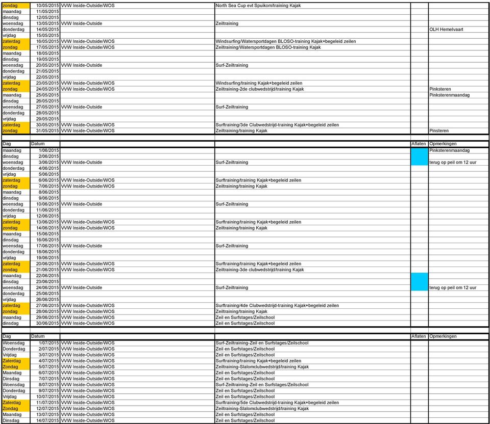 Zeiltraining/Watersportdagen BLOSO-training Kajak maandag 18/05/2015 dinsdag 19/05/2015 woensdag 20/05/2015 VVW Inside-Outside Surf-Zeiltraining donderdag 21/05/2015 vrijdag 22/05/2015 zaterdag