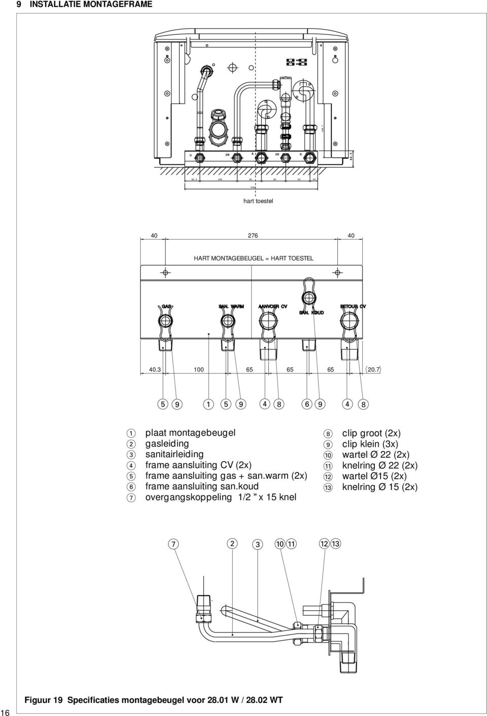 7 5 9 1 59 4 8 69 4 8 1 plaat montagebeugel 2 gasleiding 3 sanitairleiding 4 frame aansluiting CV (2x) 5 frame aansluiting gas + san.