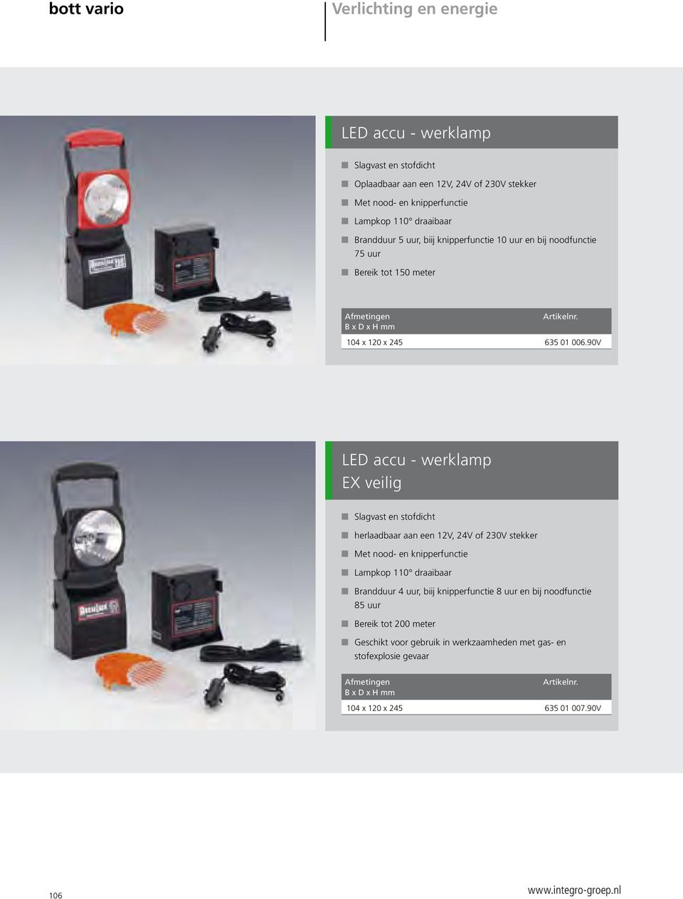 90V LED accu - werklamp EX veilig Slagvast en stofdicht herlaadbaar aan een 12V, 24V of 230V stekker Met nood- en knipperfunctie Lampkop 110 draaibaar Brandduur 4