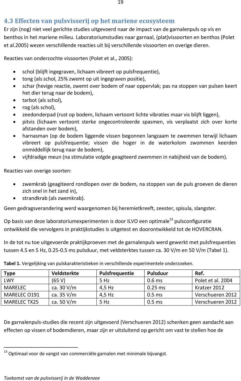 Reacties van onderzochte vissoorten (Polet et al.