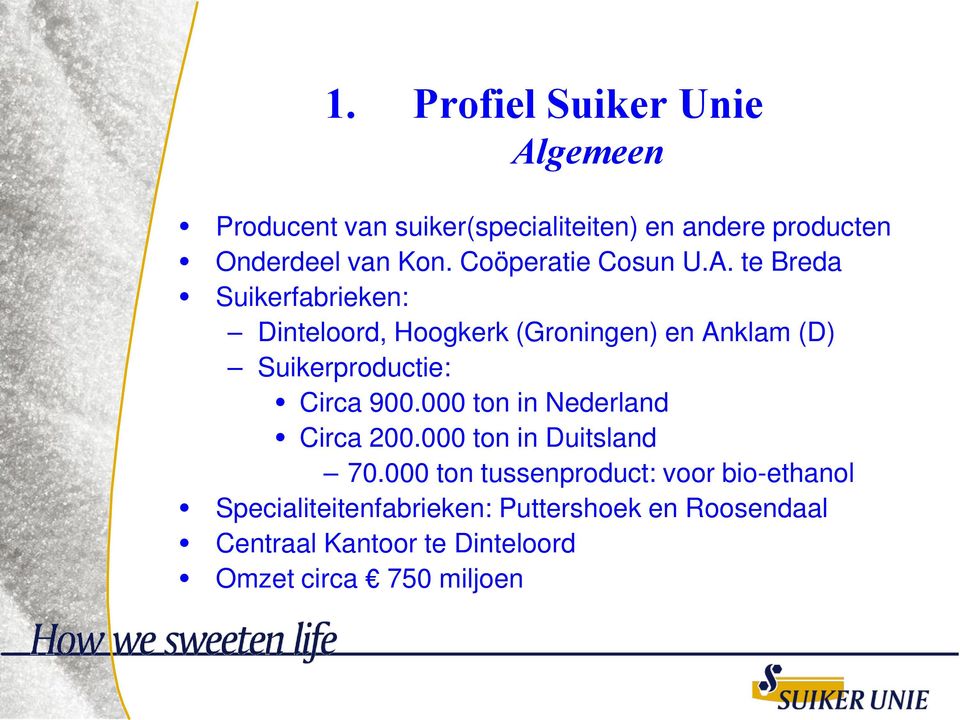 te Breda Suikerfabrieken: Dinteloord, Hoogkerk (Groningen) en Anklam (D) Suikerproductie: Circa 900.