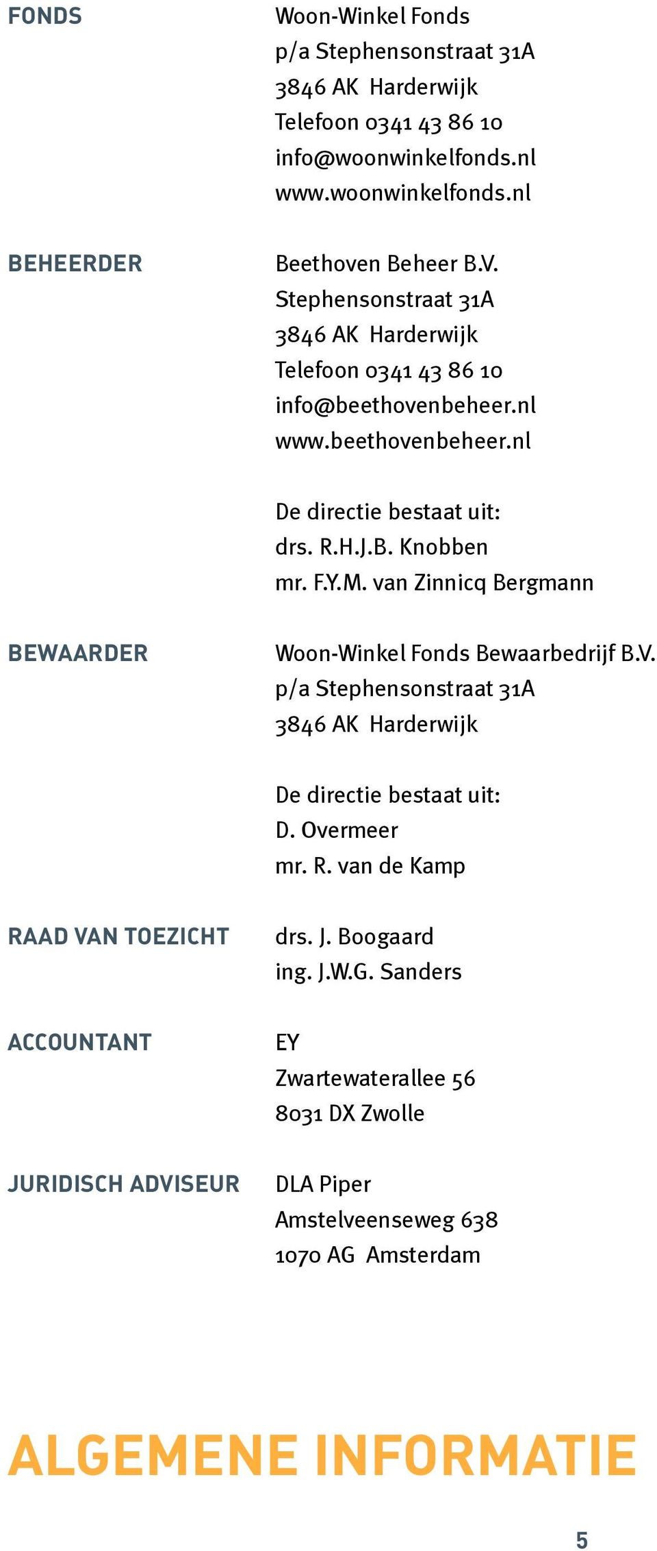 van Zinnicq Bergmann BEWAARDER Woon-Winkel Fonds Bewaarbedrijf B.V. p/a Stephensonstraat 31A 3846 AK Harderwijk De directie bestaat uit: D. Overmeer mr. R.