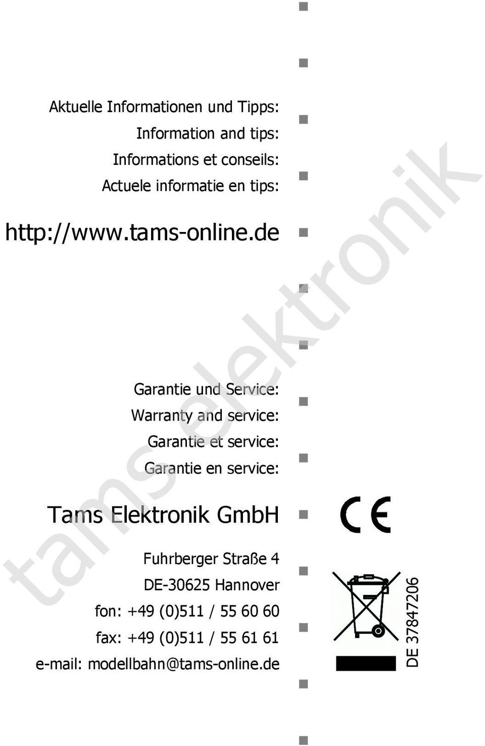 de Garatie ud Service: Warraty ad service: Garatie et service: Garatie e service: Tams