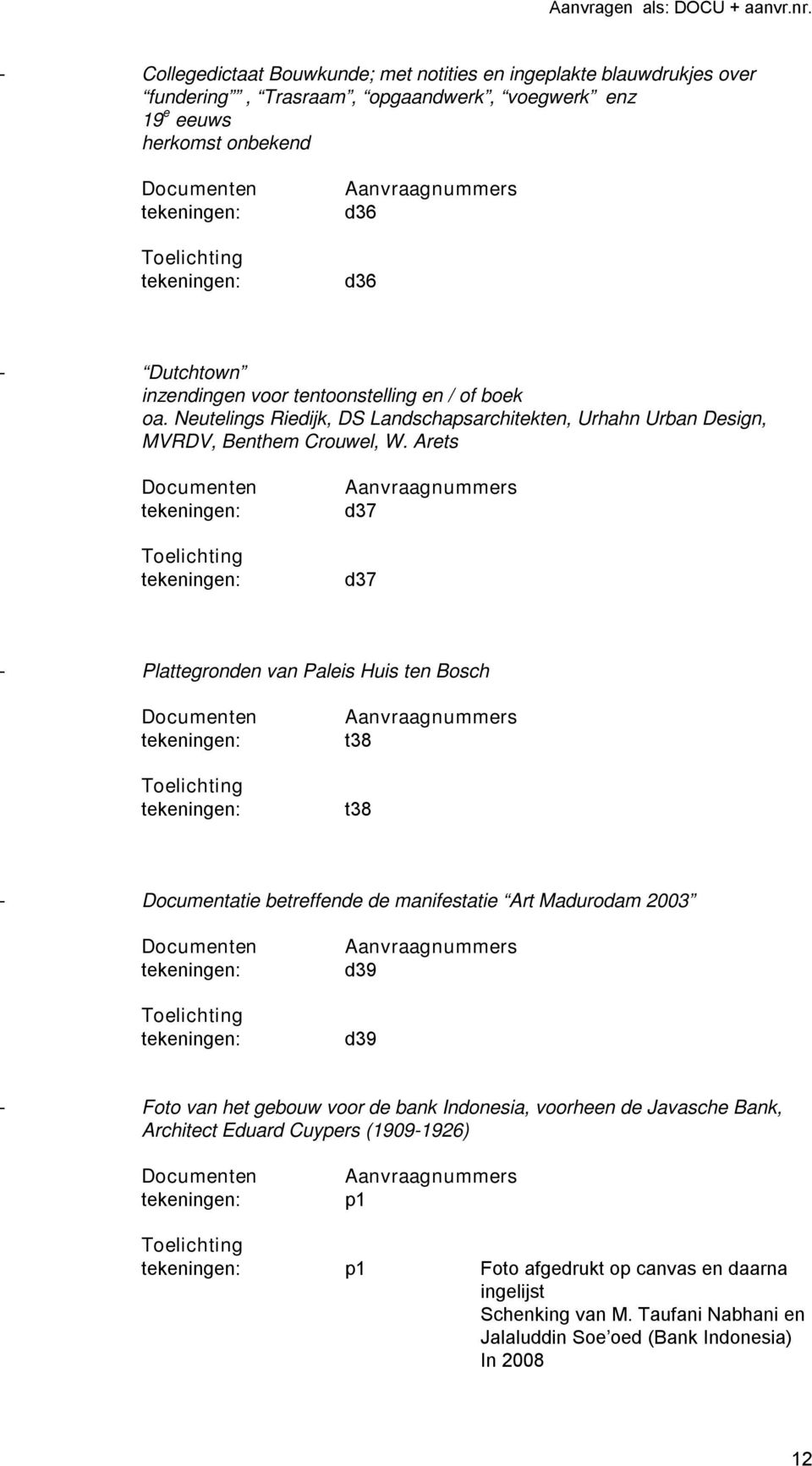 Arets d37 d37 - Plattegronden van Paleis Huis ten Bosch t38 t38 - Documentatie betreffende de manifestatie Art Madurodam 2003 d39 d39 - Foto van het gebouw voor de bank