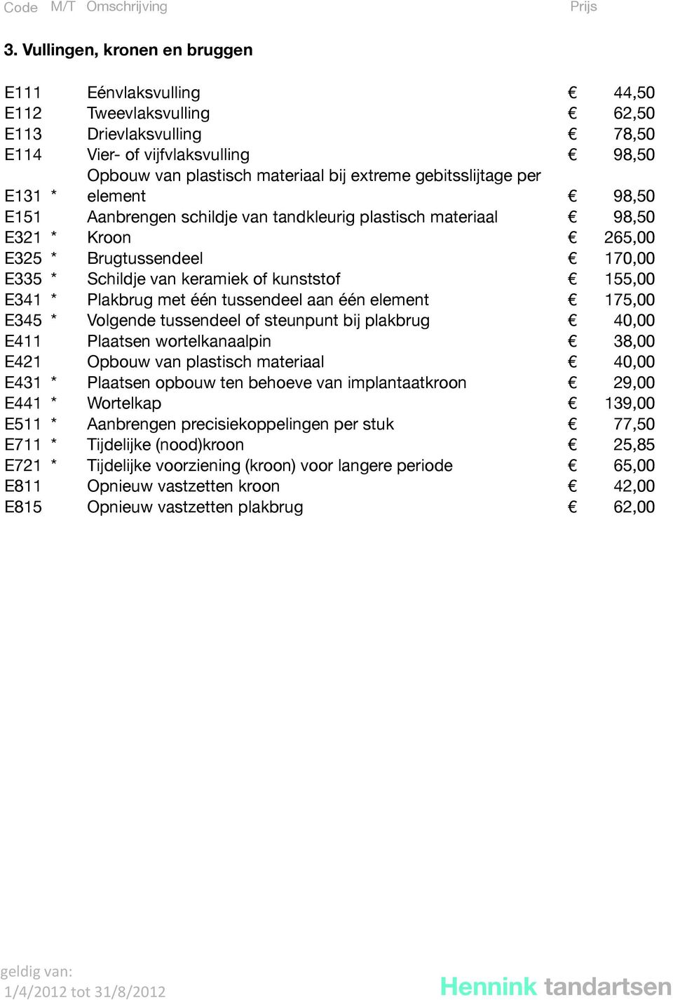 155,00 E341 * Plakbrug met één tussendeel aan één element 175,00 E345 * Volgende tussendeel of steunpunt bij plakbrug 40,00 E411 Plaatsen wortelkanaalpin 38,00 E421 Opbouw van plastisch materiaal