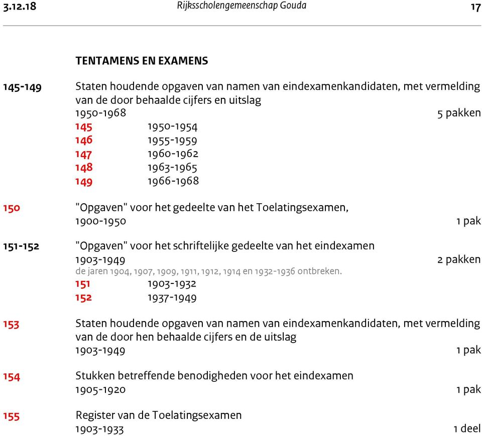 schriftelijke gedeelte van het eindexamen 1903-1949 2 pakken de jaren 1904, 1907, 1909, 1911, 1912, 1914 en 1932-1936 ontbreken.