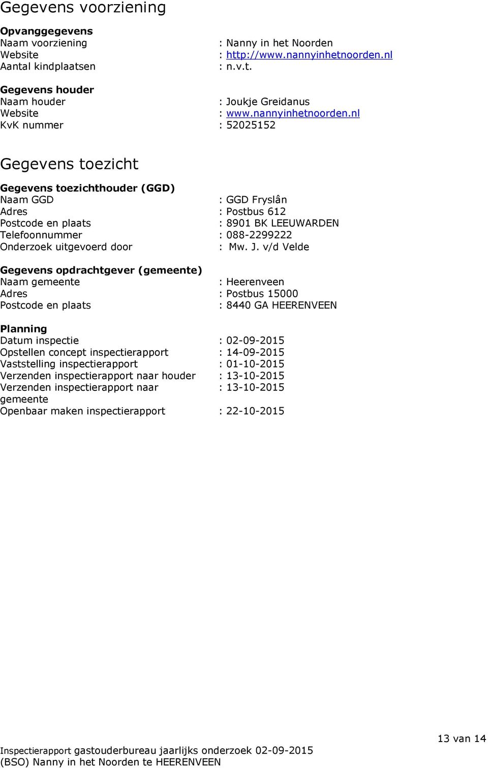 nl KvK nummer : 52025152 Gegevens toezicht Gegevens toezichthouder (GGD) Naam GGD : GGD Fryslân Adres : Postbus 612 Postcode en plaats : 8901 BK LEEUWARDEN Telefoonnummer : 088-2299222 Onderzoek