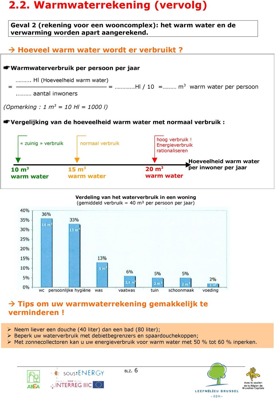 aantal inwoners (Opmerking : 1 m3 = 10 Hl = 1000 l) Vergelijking van de hoeveelheid warm water met normaal verbruik : «zuinig» verbruik 10 m warm water 3 hoog verbruik!