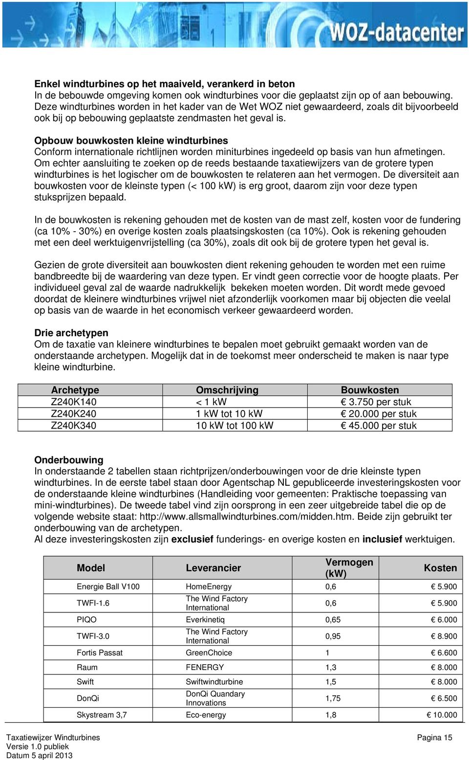 Opbouw bouwkosten kleine windturbines Conform internationale richtlijnen worden miniturbines ingedeeld op basis van hun afmetingen.