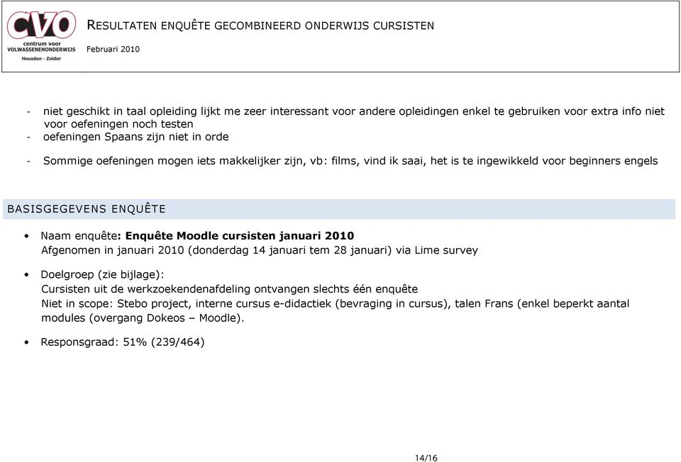 cursisten januari 2010 Afgenomen in januari 2010 (donderdag 14 januari tem 28 januari) via Lime survey Doelgroep (zie bijlage): Cursisten uit de werkzoekendenafdeling ontvangen