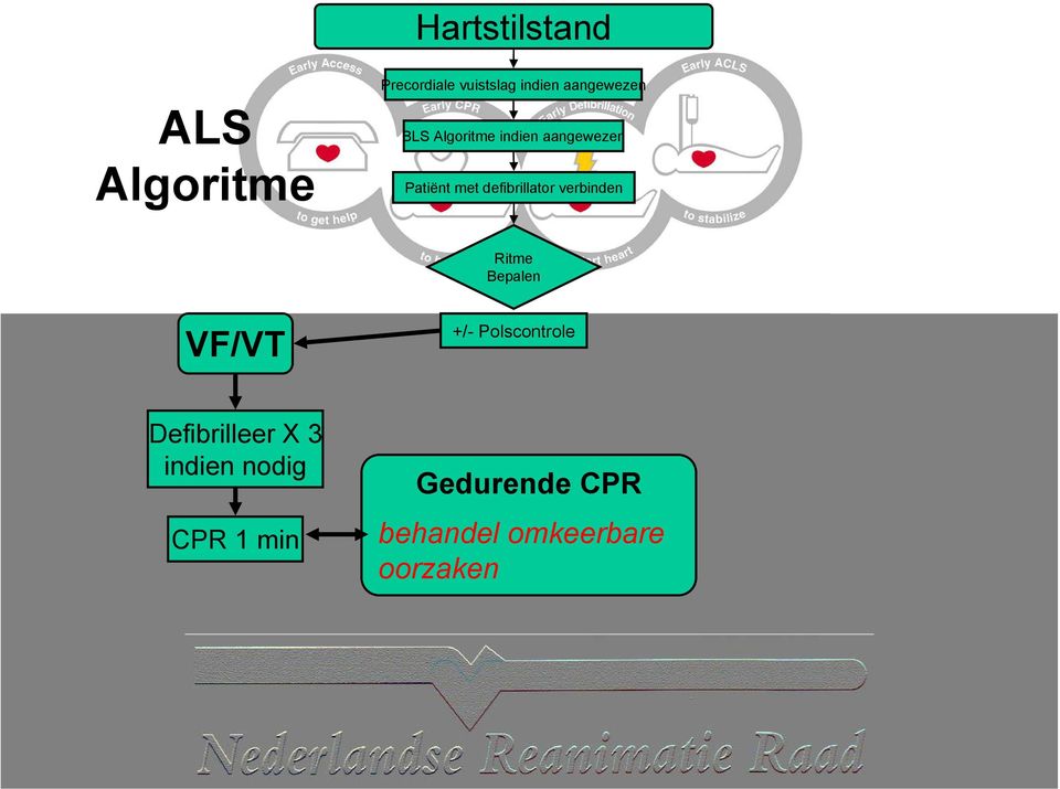 defibrillator verbinden Ritme Bepalen VF/VT +/- Polscontrole