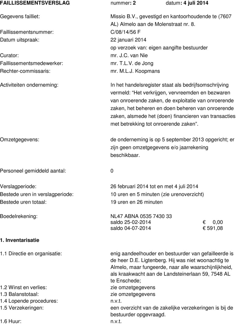 de Jong Rechter-commissaris: mr. M.L.J. Koopmans Activiteiten onderneming: In het handelsregister staat als bedrijfsomschrijving vermeld: Het verkrijgen, vervreemden en bezwaren van onroerende zaken,