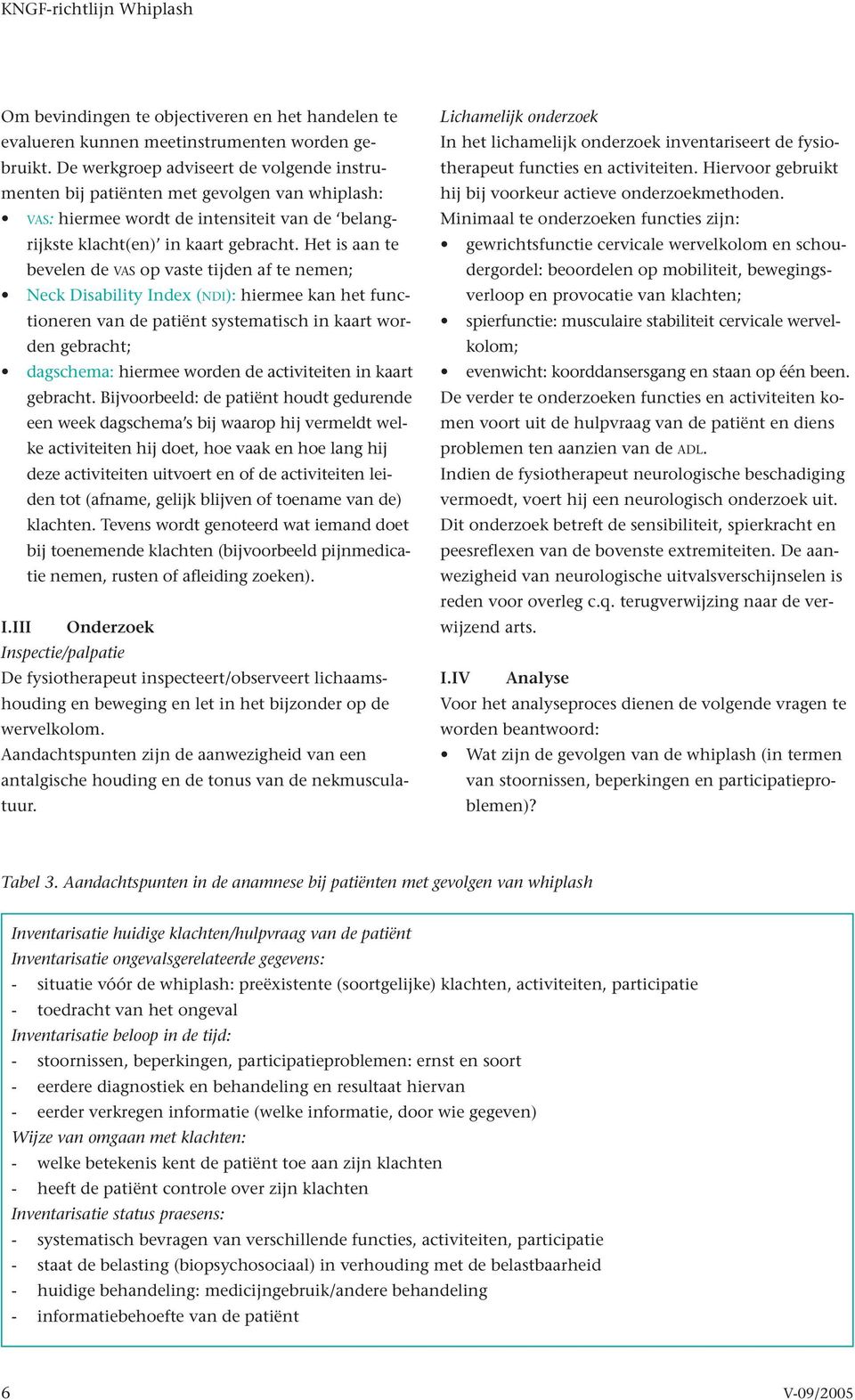 Het is aan te bevelen de VAS op vaste tijden af te nemen; Neck Disability Index (NDI): hiermee kan het functioneren van de patiënt systematisch in kaart worden gebracht; dagschema: hiermee worden de