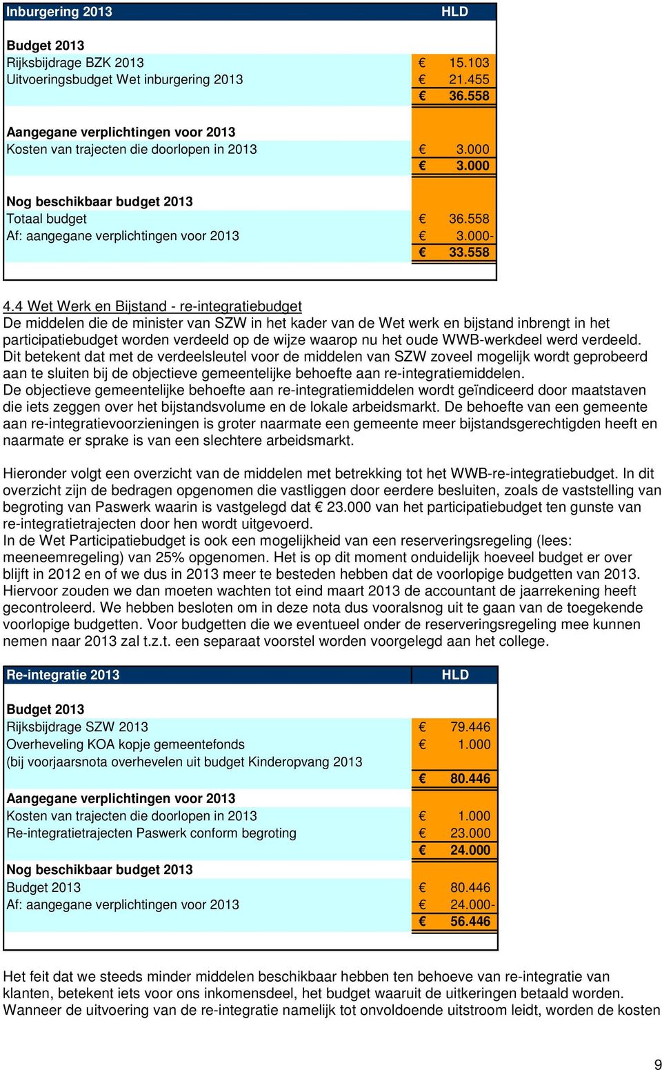 4 Wet Werk en Bijstand - re-integratiebudget De middelen die de minister van SZW in het kader van de Wet werk en bijstand inbrengt in het participatiebudget worden verdeeld op de wijze waarop nu het