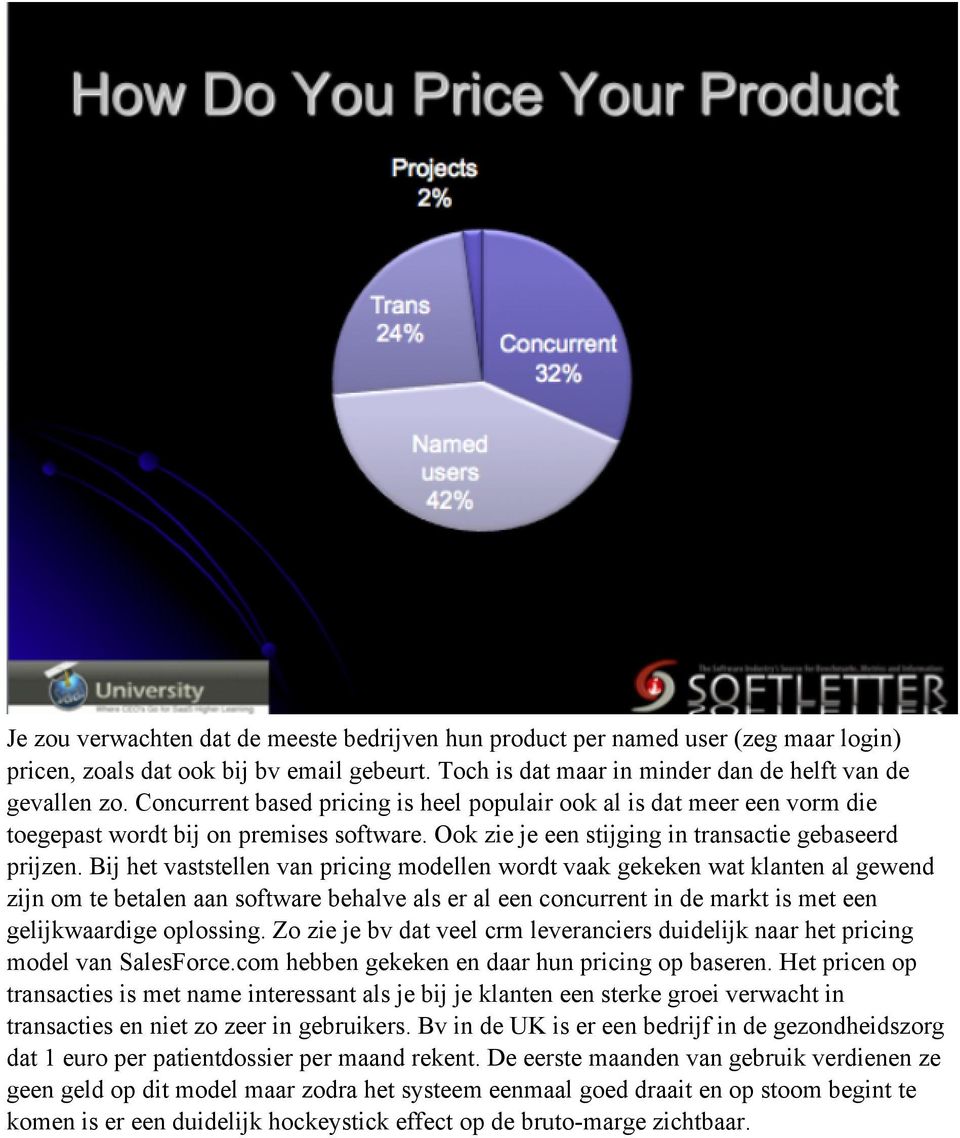 Bij het vaststellen van pricing modellen wordt vaak gekeken wat klanten al gewend zijn om te betalen aan software behalve als er al een concurrent in de markt is met een gelijkwaardige oplossing.