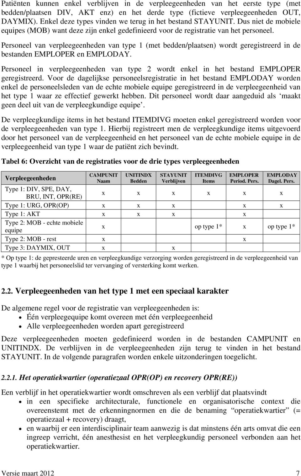 Personeel van verpleegeenheden van type 1 (met bedden/plaatsen) wordt geregistreerd in de bestanden EMPLOPER en EMPLODAY.