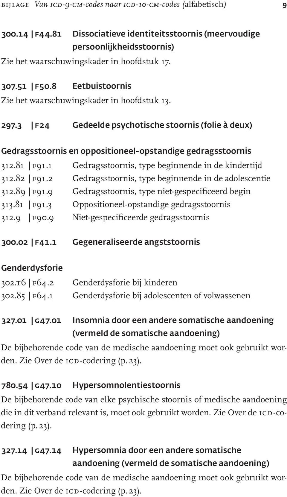 1 Gedragsstoornis, type beginnende in de kindertijd 312.82 f91.2 Gedragsstoornis, type beginnende in de adolescentie 312.89 f91.9 Gedragsstoornis, type niet-gespecificeerd begin 313.81 f91.