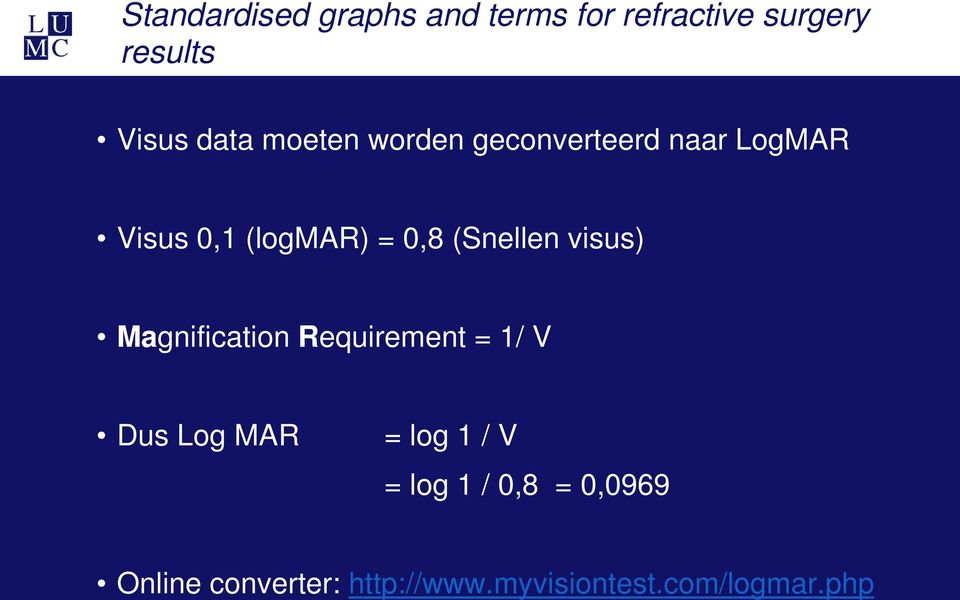 (Snellen visus) Magnification Requirement = 1/ V Dus Log MAR = log 1 / V