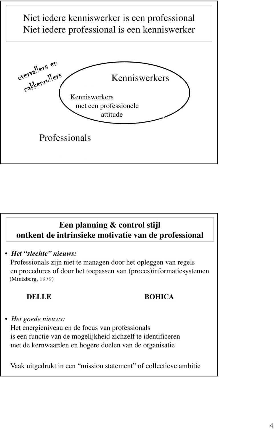 procedures of door het toepassen van (proces)informatiesystemen (Mintzberg, 1979) DELLE BOHICA Het goede nieuws: Het energieniveau en de focus van professionals is een