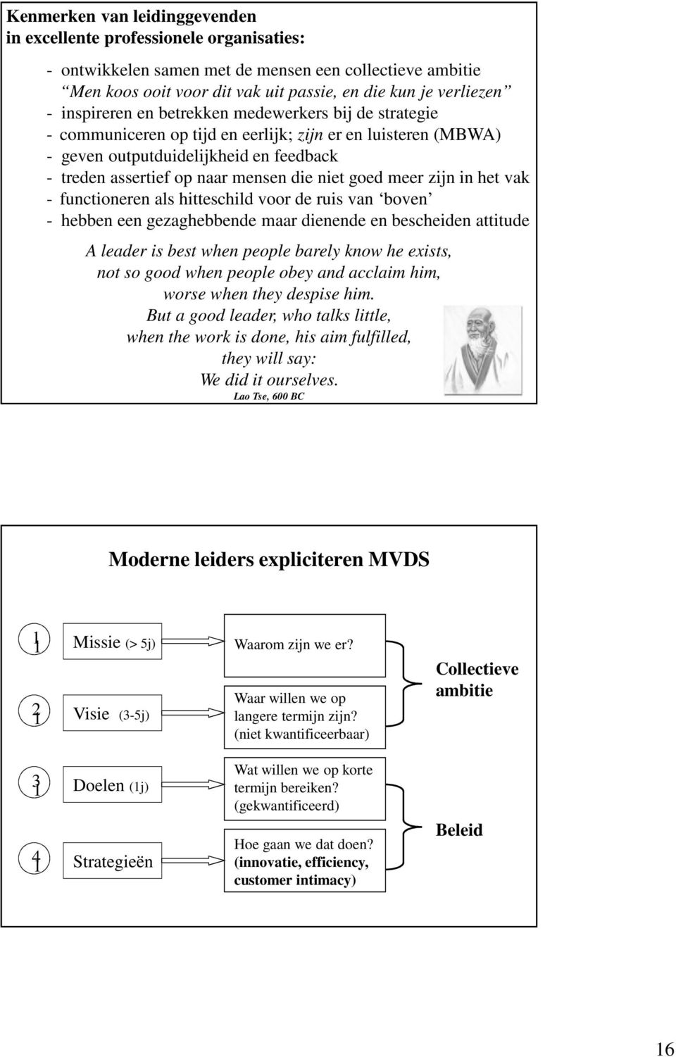 goed meer zijn in het vak - functioneren als hitteschild voor de ruis van boven - hebben een gezaghebbende maar dienende en bescheiden attitude A leader is best when people barely know he exists, not