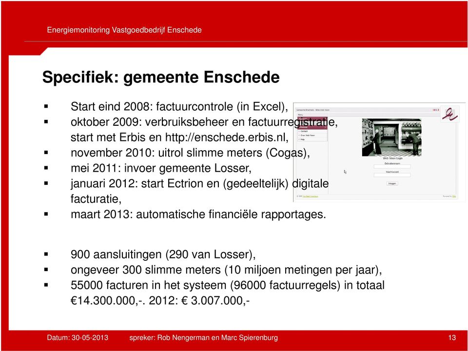 nl, november 2010: uitrol slimme meters (Cogas), mei 2011: invoer gemeente Losser, januari 2012: start Ectrion en (gedeeltelijk) digitale facturatie, maart