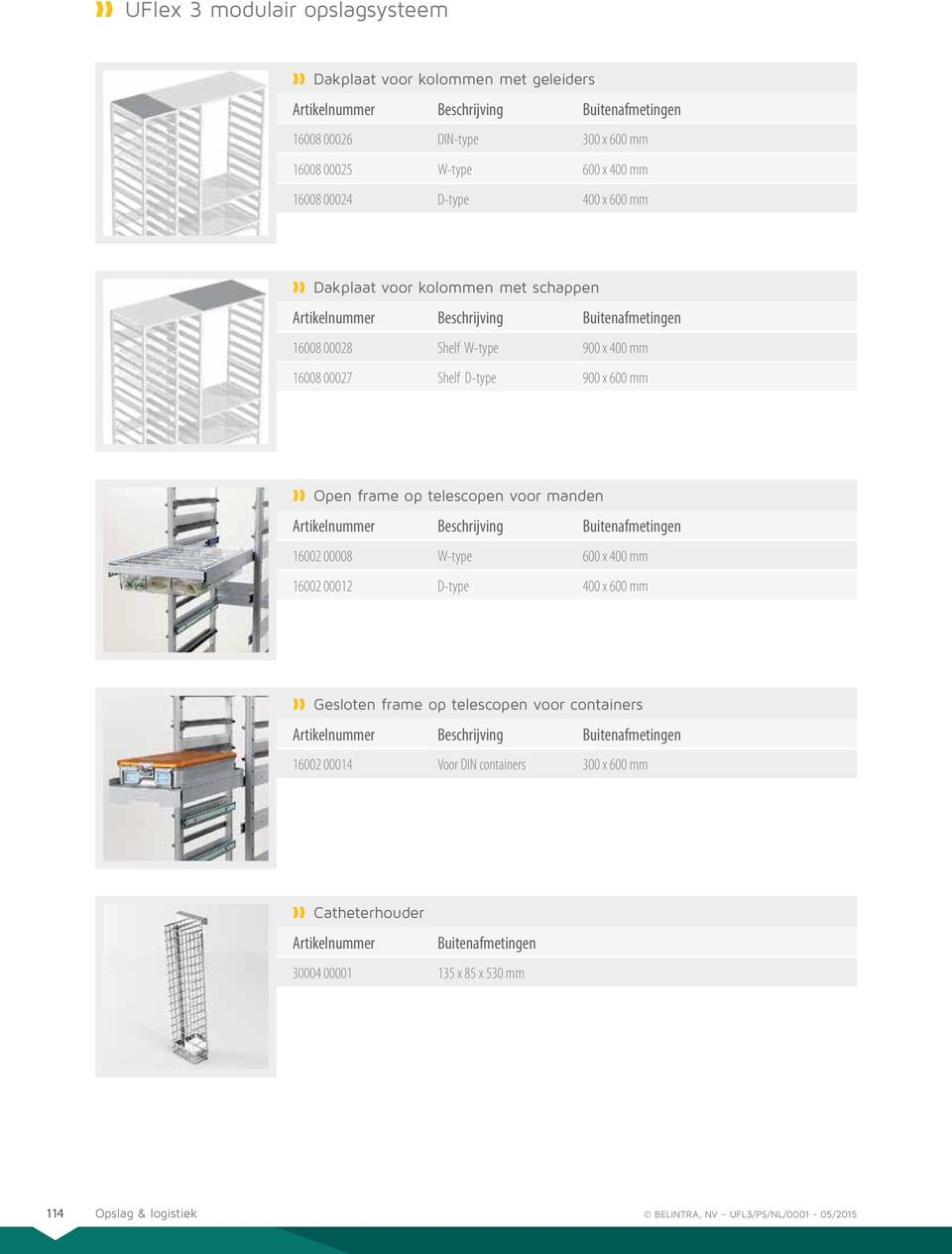 telescopen voor manden 16002 00008 W-type 600 x 400 mm 16002 00012 D-type 400 x 600 mm Gesloten frame op telescopen voor containers 16002 00014