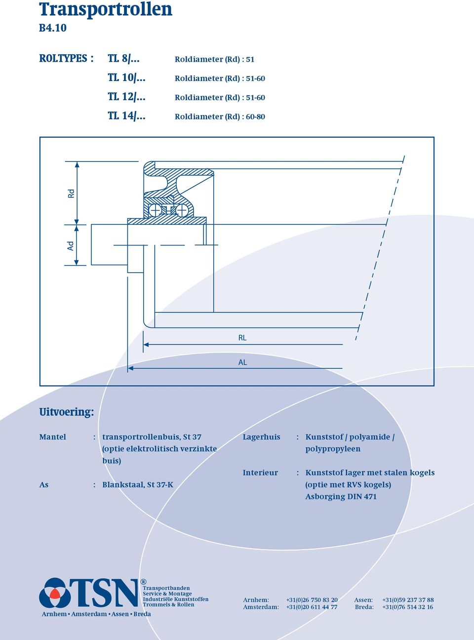 .. Roldiameter (Rd) : 60-80 Uitvoering: Mantel : transportrollenbuis, St 37 (optie elektrolitisch verzinkte buis) As : Blankstaal, St