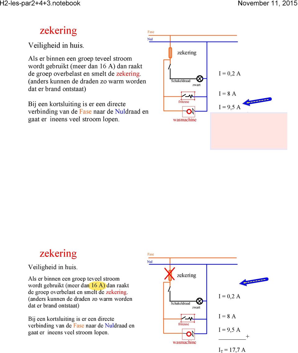 Fase Nul zekering Schakeldraad zwart friteuse wasmachine I = 0,2 A I = 8 A I = 9,5 A + I T = 17,7 A  (anders kunnen de draden zo warm worden dat er brand ontstaat) Fase Nul zekering Schakeldraad