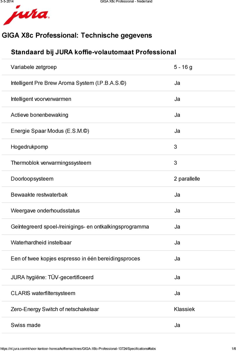 Waterhardheid instelbaar Een of twee kopjes espresso in één bereidingsproces 2 parallelle JURA hygiëne: TÜV-gecertificeerd CLARIS waterfiltersysteem Zero-Energy Switch of