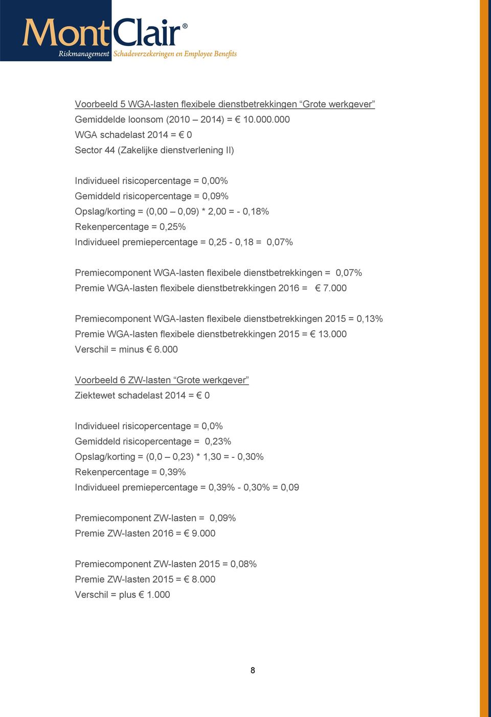 Rekenpercentage = 0,25% Individueel premiepercentage = 0,25-0,18 = 0,07% Premiecomponent WGA-lasten flexibele dienstbetrekkingen = 0,07% Premie WGA-lasten flexibele dienstbetrekkingen 2016 = 7.