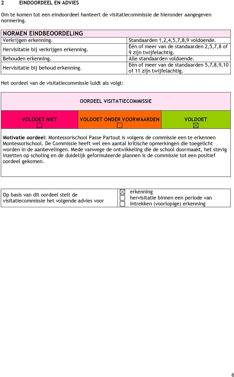 Alle standaarden voldoende. Eén of meer van de standaarden 5,7,8,9,10 of 11 zijn twijfelachtig.