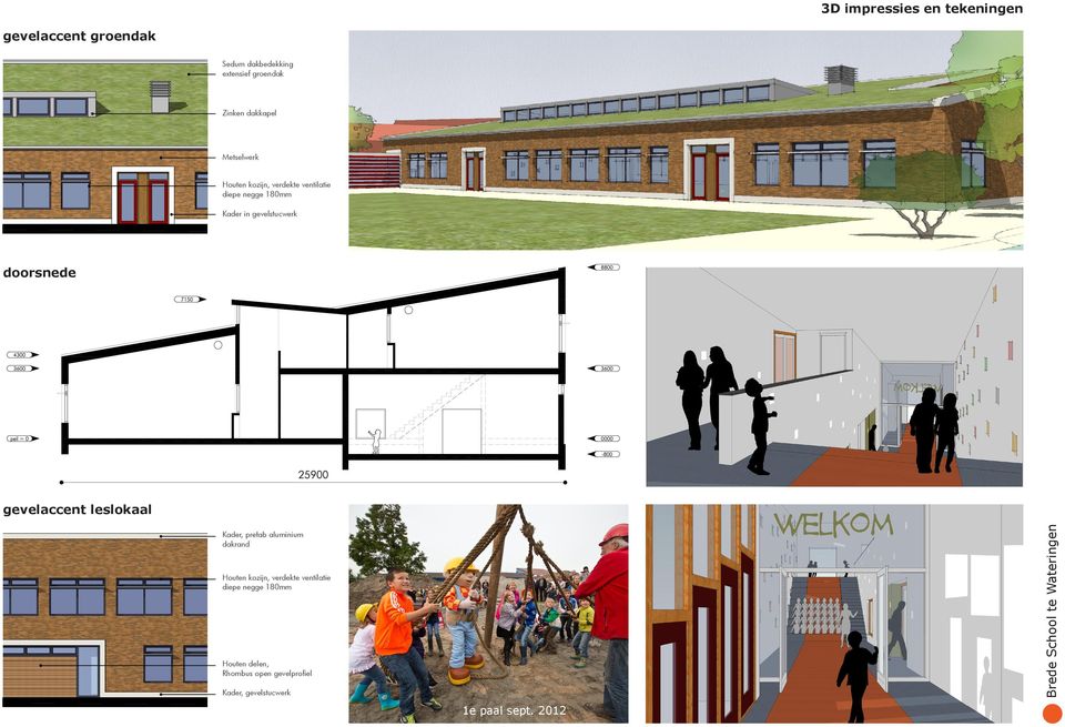 Metselwerk Metselwerk Metselwerk Houten kozijn, ventilatie diepe verdekte negge 180mm Kader in gevelstucwerk Gevelfragmenten 1:100 Gevelfragmenten 1:100 Sedum dakbedekking extensief groendak Sedum