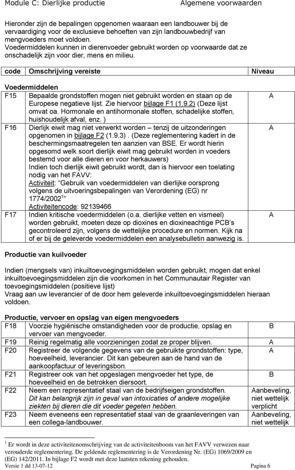 code Omschrijving vereiste Niveau Voedermiddelen F15 Bepaalde grondstoffen mogen niet gebruikt worden en staan op de Europese negatieve lijst. Zie hiervoor bijlage F1 (1.9.2) (Deze lijst omvat oa.