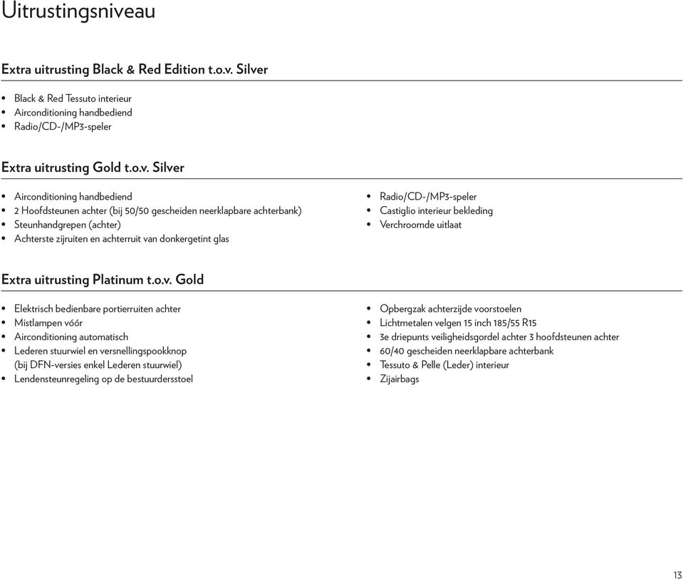 Silver Black & Red Tessuto interieur Airconditioning handbediend Radio/CD-/MP3-speler Extra uitrusting Gold t.o.v. Silver Airconditioning handbediend 2 Hoofdsteunen achter (bij 50/50 gescheiden