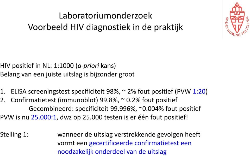 2% fout positief Gecombineerd: specificiteit 99.996%, ~0.004% fout positief PVW is nu 25.000:1, dwz op 25.