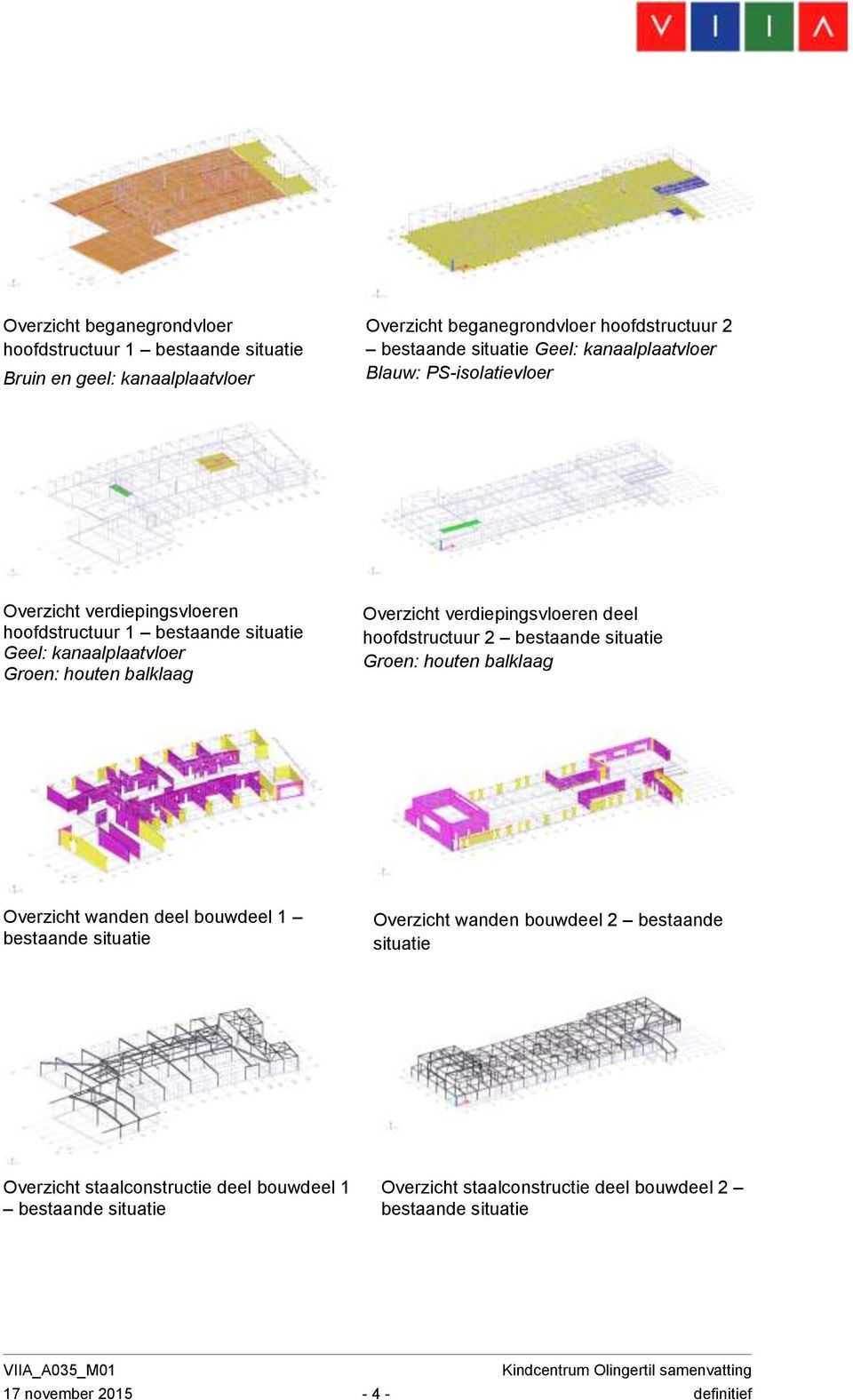 verdiepingsvloeren deel hoofdstructuur 2 bestaande situatie Groen: houten balklaag Overzicht wanden deel bouwdeel 1 bestaande situatie Overzicht wanden bouwdeel 2