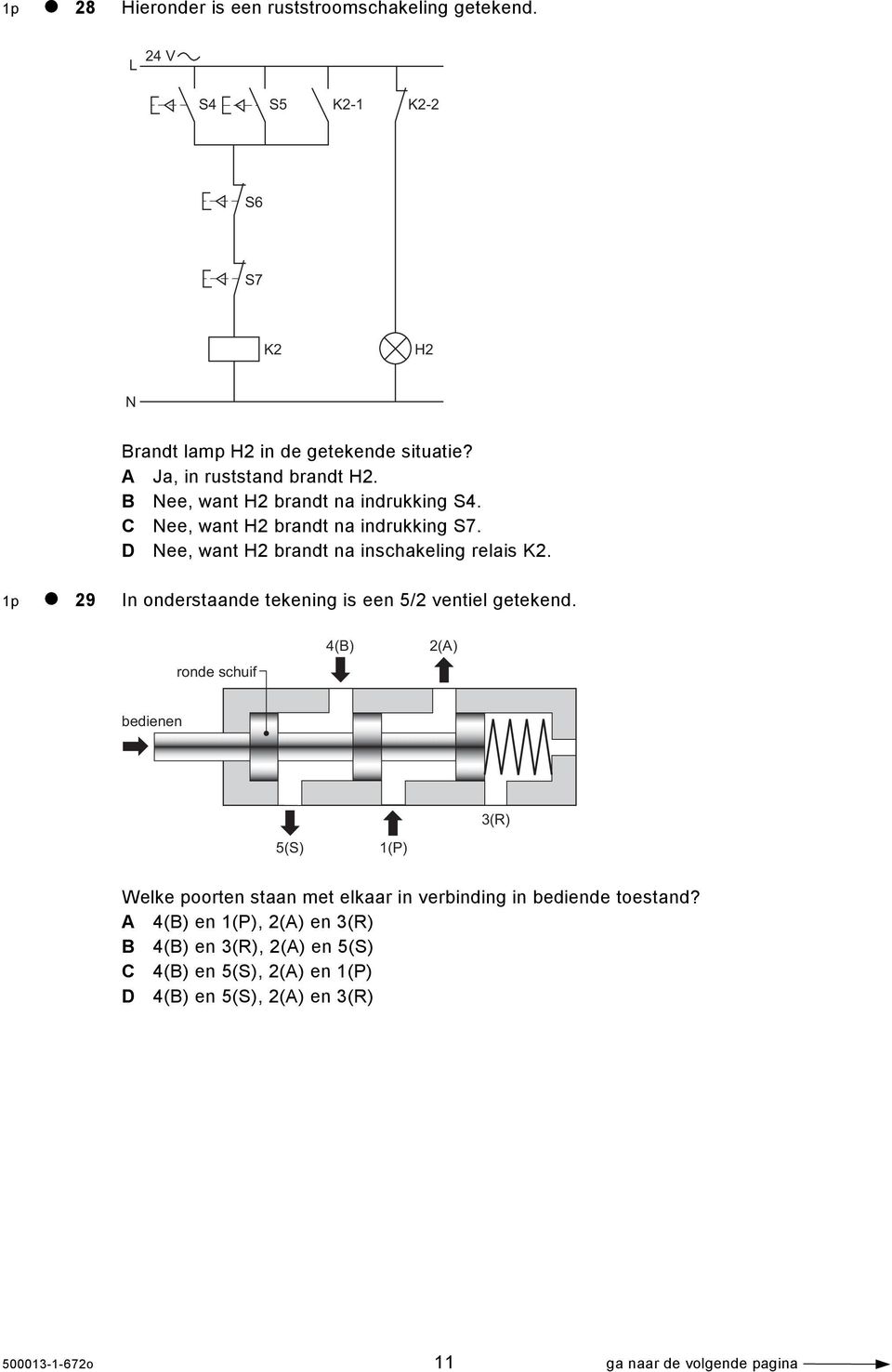 D Nee, want H2 brandt na inschakeling relais K2. 1p 29 In onderstaande tekening is een 5/2 ventiel getekend.