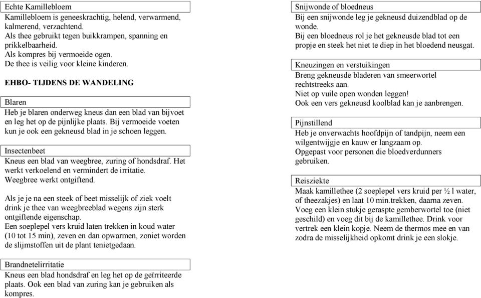 Bij vermoeide voeten kun je ook een gekneusd blad in je schoen leggen. Insectenbeet Kneus een blad van weegbree, zuring of hondsdraf. Het werkt verkoelend en vermindert de irritatie.