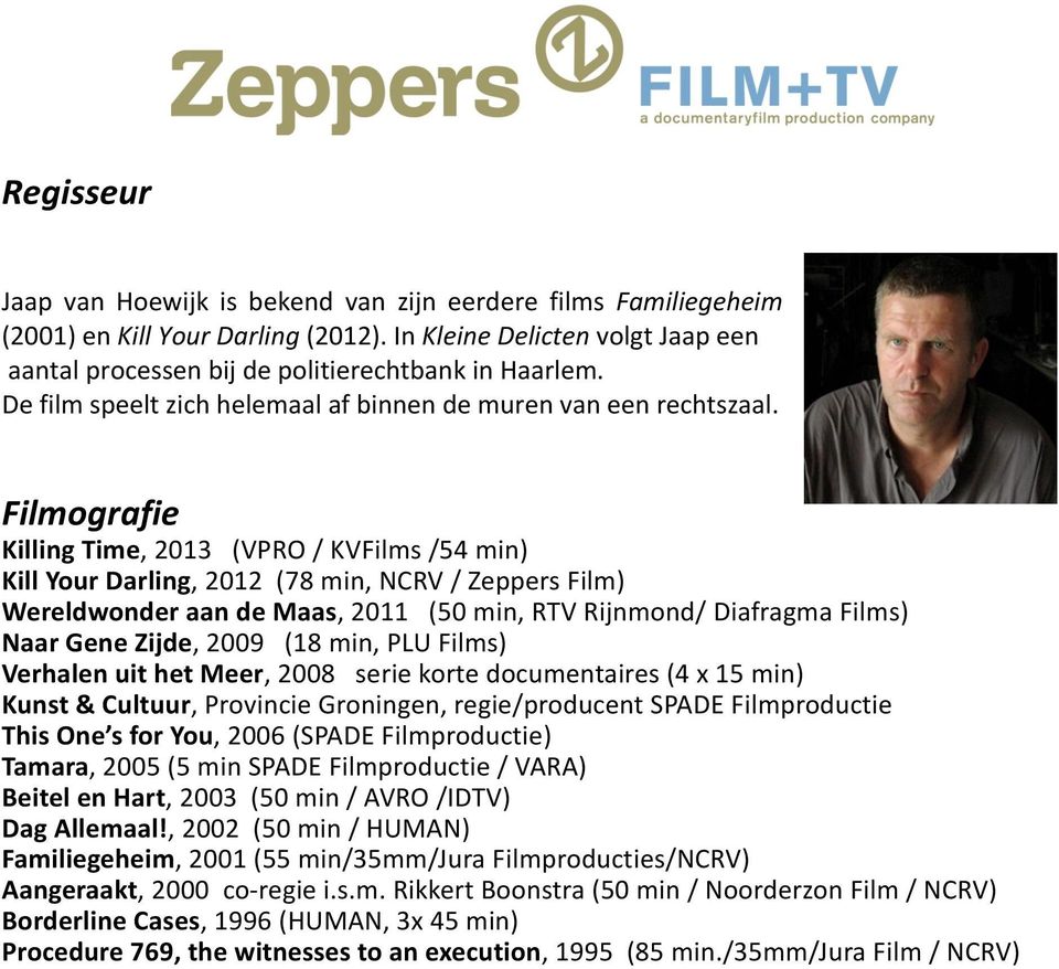 Filmografie Killing Time, 2013 (VPRO / KVFilms /54 min) Kill Your Darling, 2012 (78 min, NCRV / Zeppers Film) Wereldwonder aan de Maas, 2011 (50 min, RTV Rijnmond/ Diafragma Films) Naar Gene Zijde,
