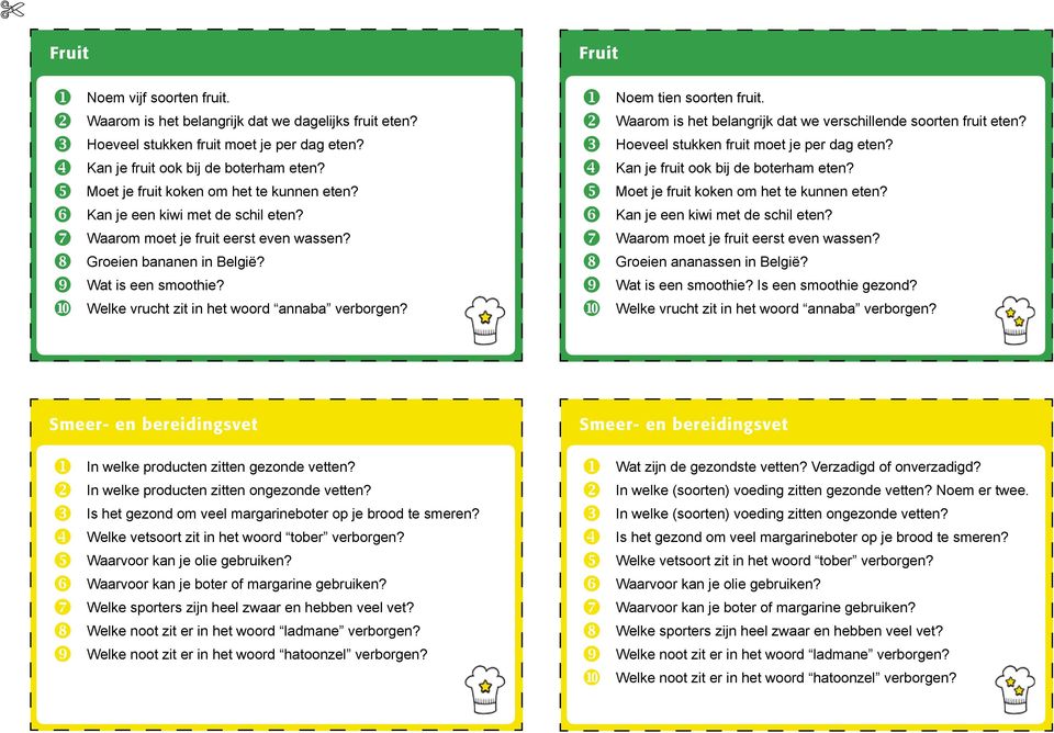 ~ Welke vrucht zit in het woord annaba verborgen? Fruit u Noem tien soorten fruit. v Waarom is het belangrijk dat we verschillende soorten fruit eten? w Hoeveel stukken fruit moet je per dag eten?