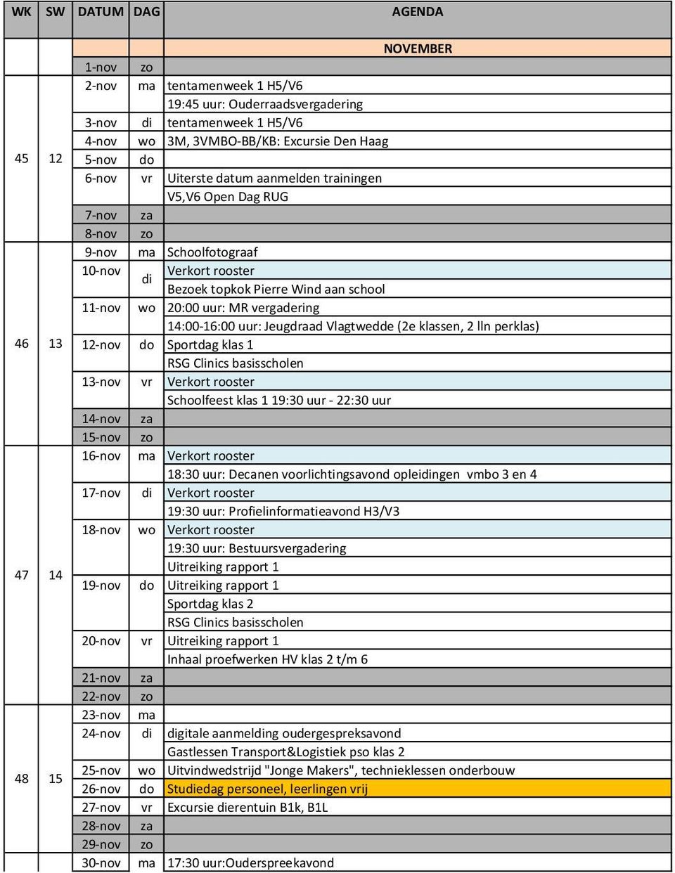 vergadering 14:00-16:00 uur: Jeugdraad Vlagtwedde (2e klassen, 2 lln perklas) Sportdag klas 1 RSG Clinics basisscholen Verkort rooster Schoolfeest klas 1 19:30 uur - 22:30 uur 14-nov 15-nov 16-nov