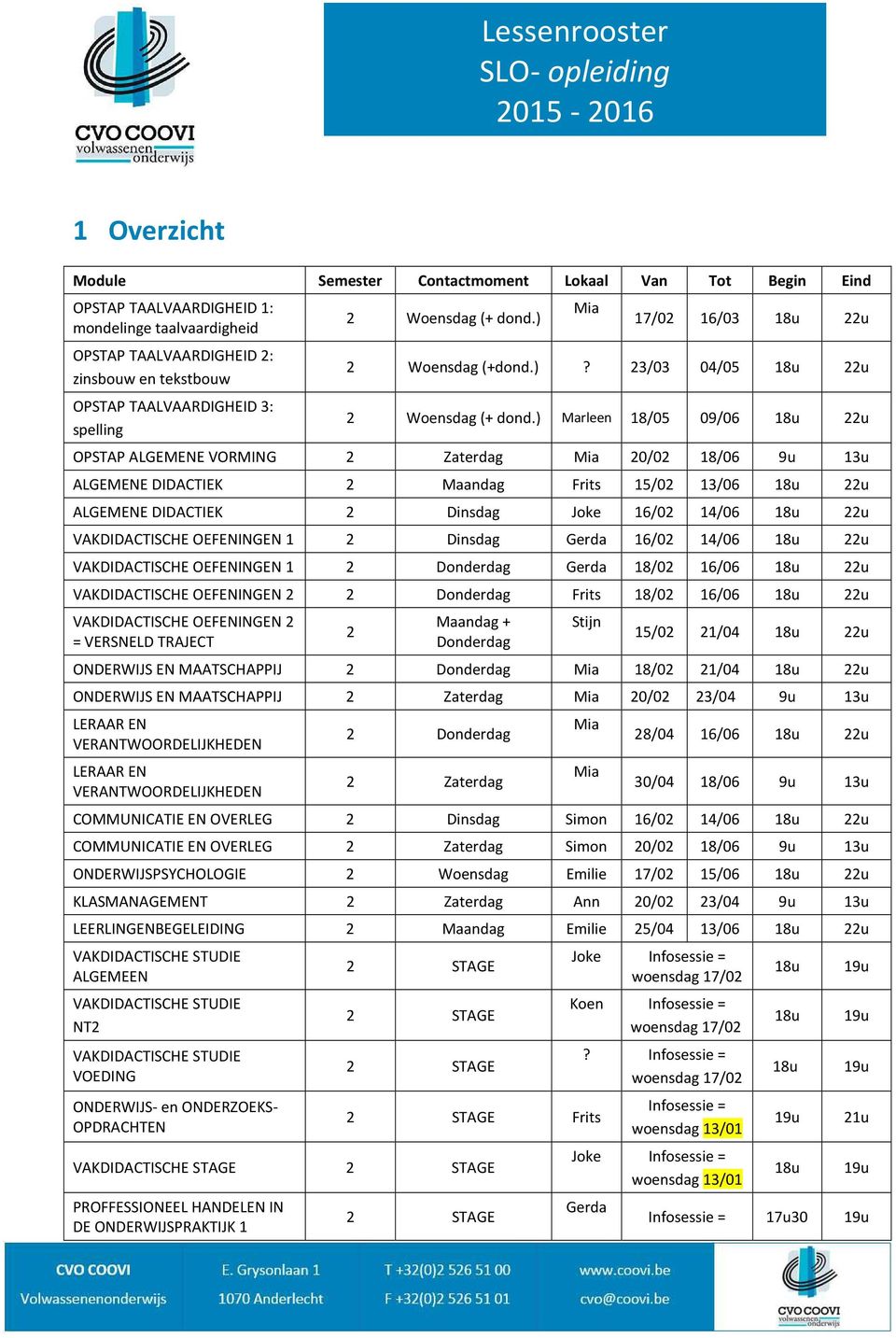 ) Marleen 18/05 09/06 18u 22u OPSTAP ALGEMENE VORMING 2 Zaterdag Mia 20/02 18/06 9u 13u ALGEMENE DIDACTIEK 2 Maandag Frits 15/02 13/06 18u 22u ALGEMENE DIDACTIEK 2 Dinsdag Joke 16/02 14/06 18u 22u