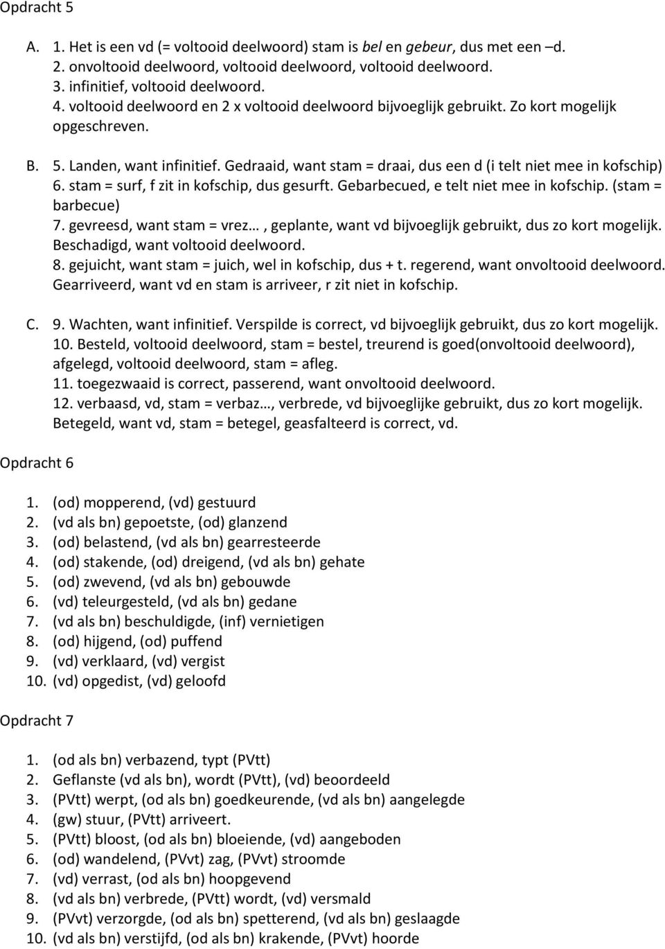 stam = surf, f zit in kofschip, dus gesurft. Gebarbecued, e telt niet mee in kofschip. (stam = barbecue) 7. gevreesd, want stam = vrez, geplante, want vd bijvoeglijk gebruikt, dus zo kort mogelijk.