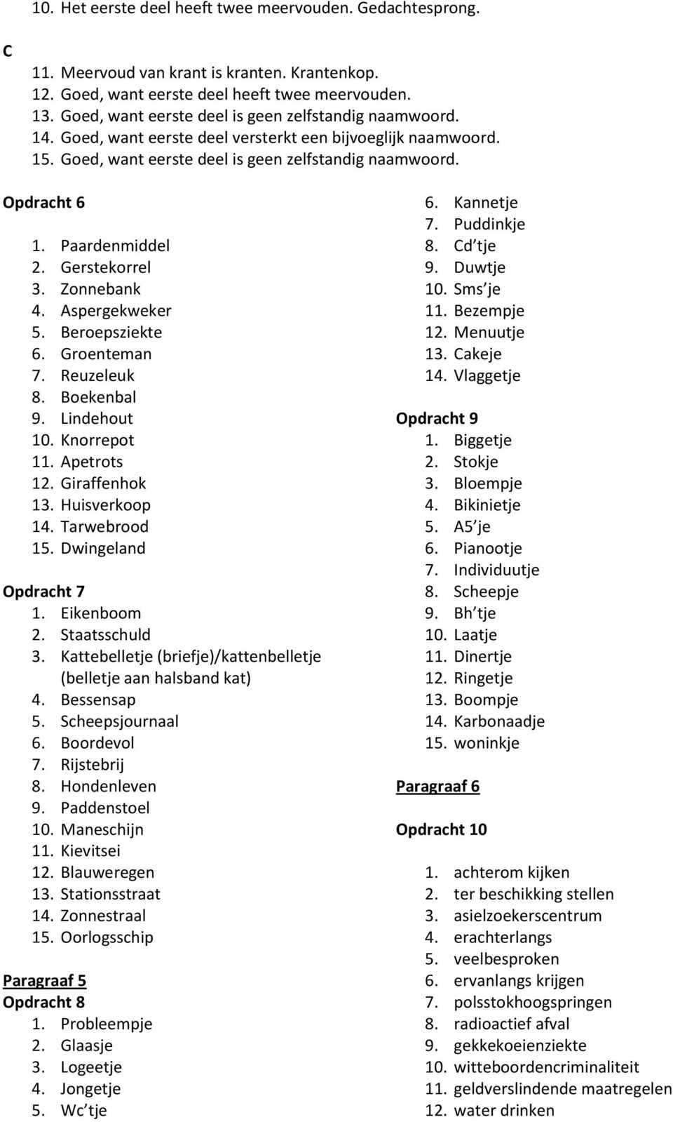 Paardenmiddel 2. Gerstekorrel 3. Zonnebank 4. Aspergekweker 5. Beroepsziekte 6. Groenteman 7. Reuzeleuk 8. Boekenbal 9. Lindehout 10. Knorrepot 11. Apetrots 12. Giraffenhok 13. Huisverkoop 14.