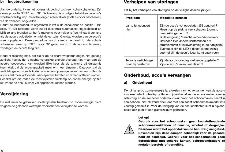 De tuinlamp wordt nu bij duisternis automatisch ingeschakeld en blijft zo lang branden tot het 's morgens weer helder is (ten minste 8 uur lang als de accu's volgeladen en niet defect zijn).