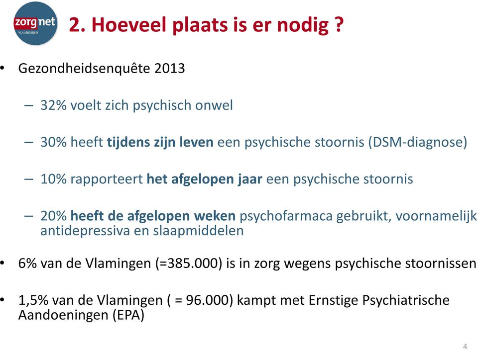 (DSM-diagnose) 10% rapporteert het afgelopen jaar een psychische stoornis 20% heeft de afgelopen weken psychofarmaca